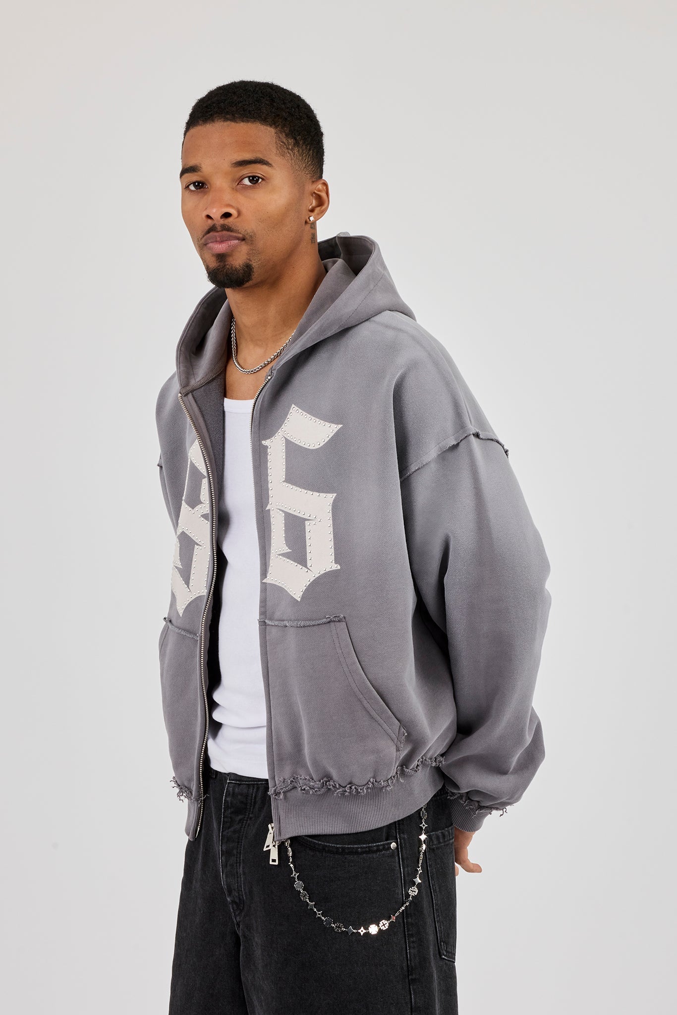 Washed Distressed Stud Detail Zip Hoodie - Washed Grey